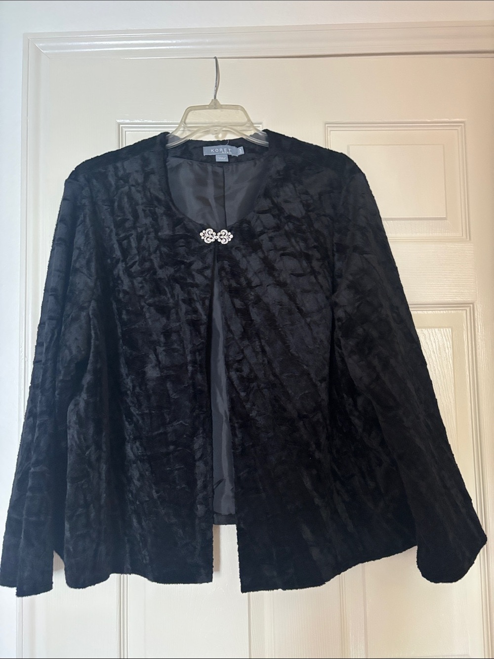 Koret Black Faux Fur Open Front Jacket with Decorative Brooch